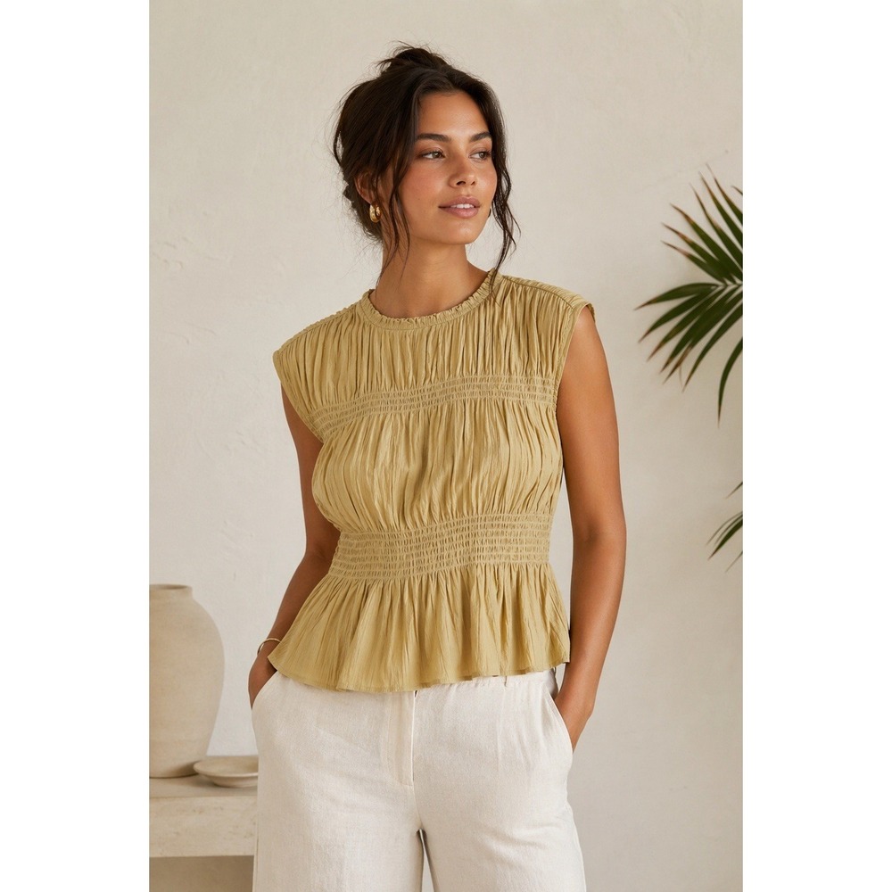 H&M Smocked Peplum Top Beige Crinkle XXL Sleeveless Boho Blouse Coastal Chic